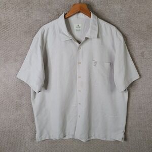 SOLITUDE Shirt Mens XL Beige Modal Blend Camp Short Sleeve Palm Tree Embroidered